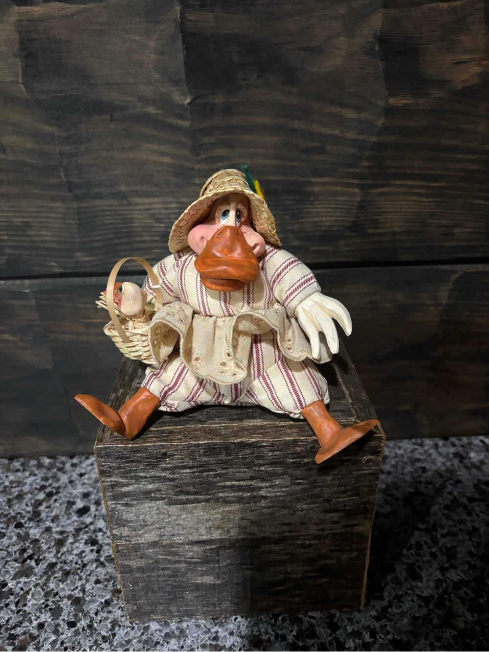 RUSS Berrie Duck Figurine in Cream & Burgundy Stripes - Rustic Home Acvent.